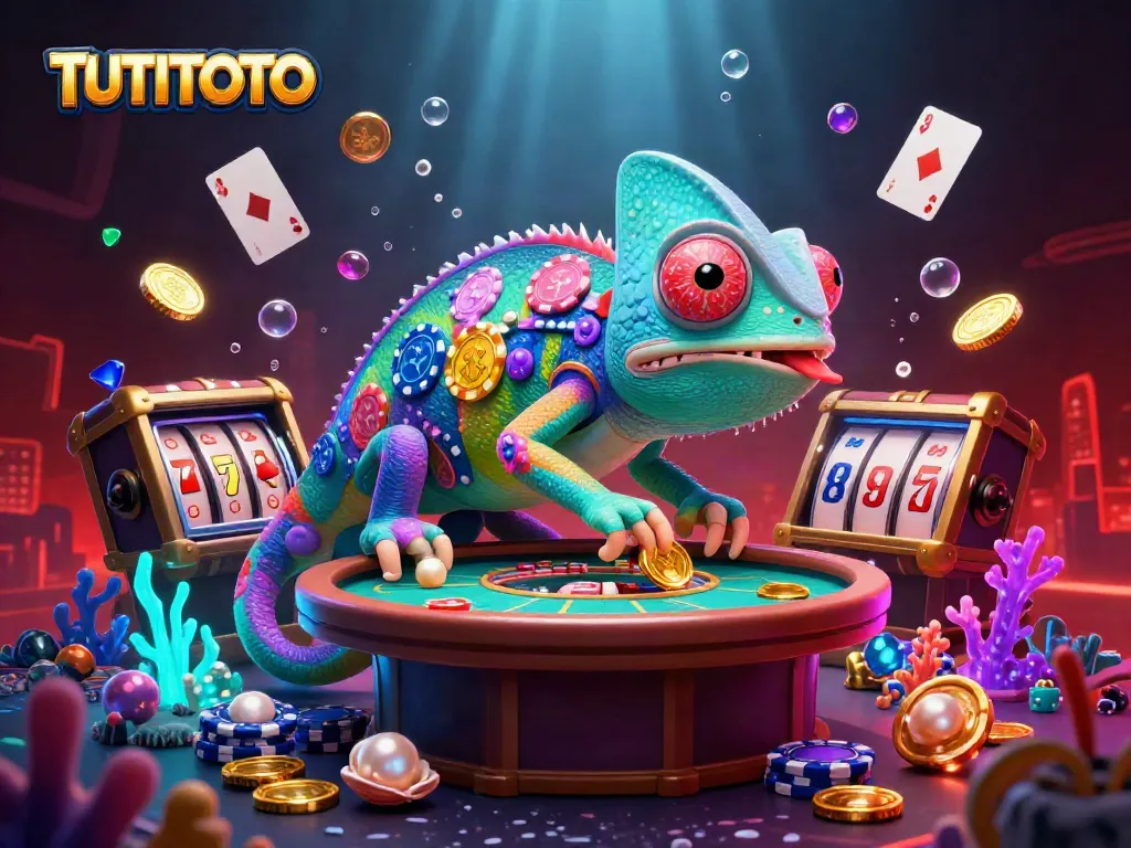 TUTITOTO casino owner character watching games, surrounded by vibrant casino elements and treasures.