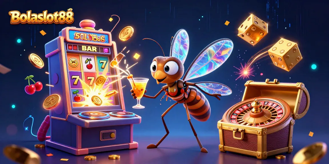 Bolaslot88 characters celebrate with a vibrant casino scene, showcasing games and excitement.