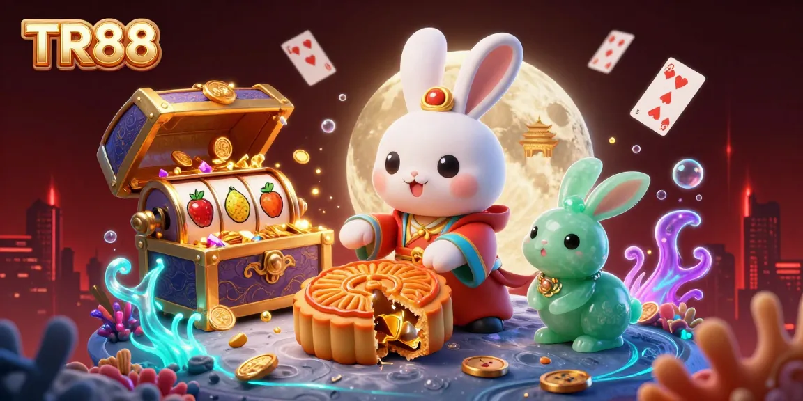 Experience TR88's thrilling casino ambiance with a moon rabbit and poker chips amidst vibrant gaming elements.