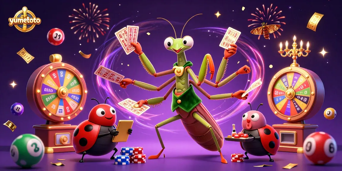 Engage with yumetoto's dynamic lottery atmosphere featuring colorful balls, cards, and festive elements.