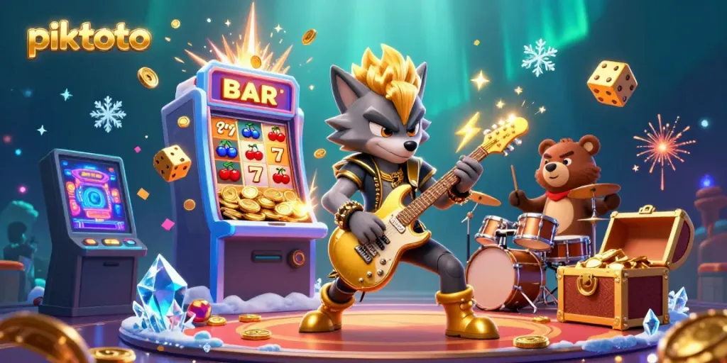 Engage with piktoto as a rock star wolf and drummer bear bring excitement to the casino scene.