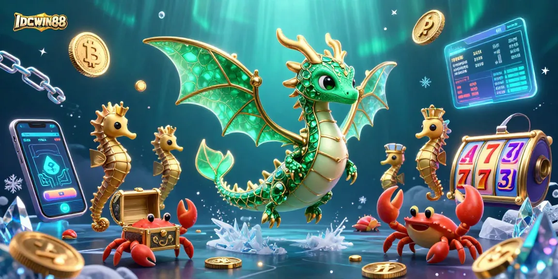 Experience the excitement of IDCWIN88 with vibrant gaming elements and a majestic sea dragon.