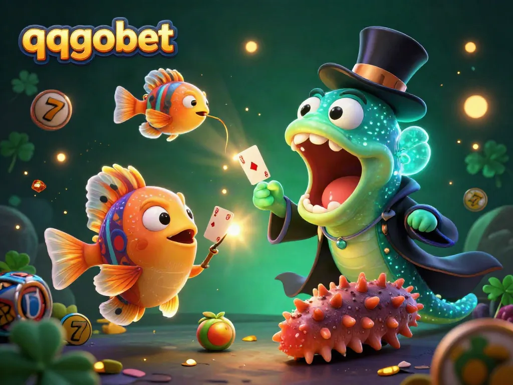 Join the thrilling action with qqgobet's vibrant cartoon gaming illustration featuring deep-sea characters and casino elements.