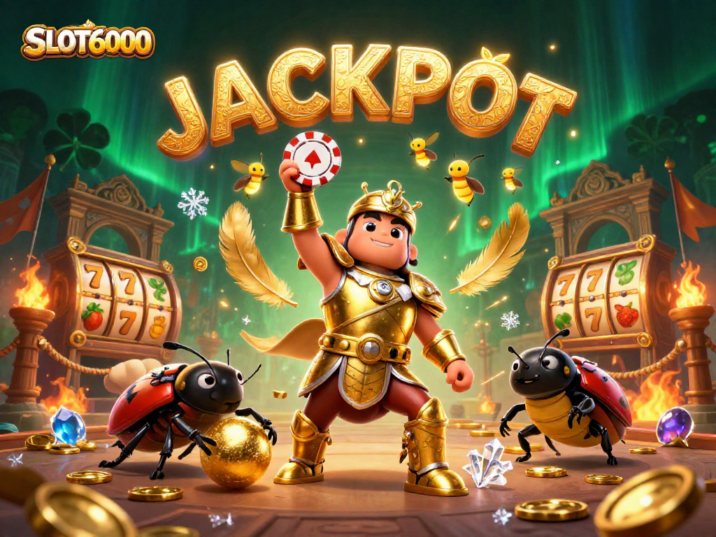 Engage with SLOT6000 for thrilling jackpots with colorful characters in a dynamic 3D casino scene.