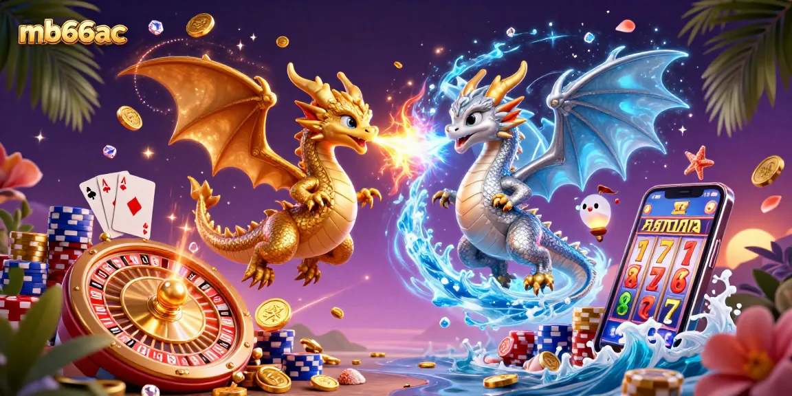 Experience the thrilling magic of mb66ac as two dragons fly over dazzling casino elements, showcasing a vibrant gaming adventure.