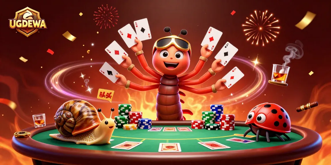 UGDEWA casino scene featuring a millipede dealer, snail high-roller, and pill bug in vibrant action.
