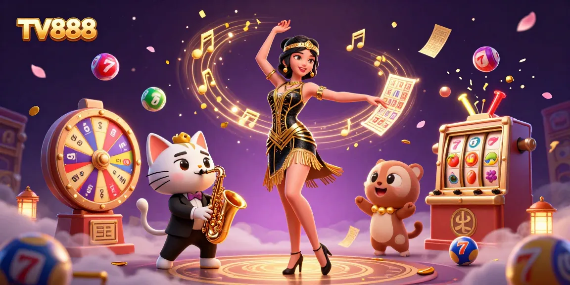 Engage with TV888's exciting games as lottery balls bounce around vibrant casino elements.