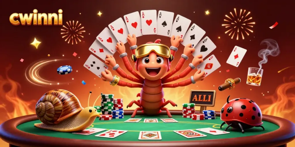 Experience engaging gameplay with cwinni in a 3D casino illustration featuring vibrant characters and dynamic poker elements.