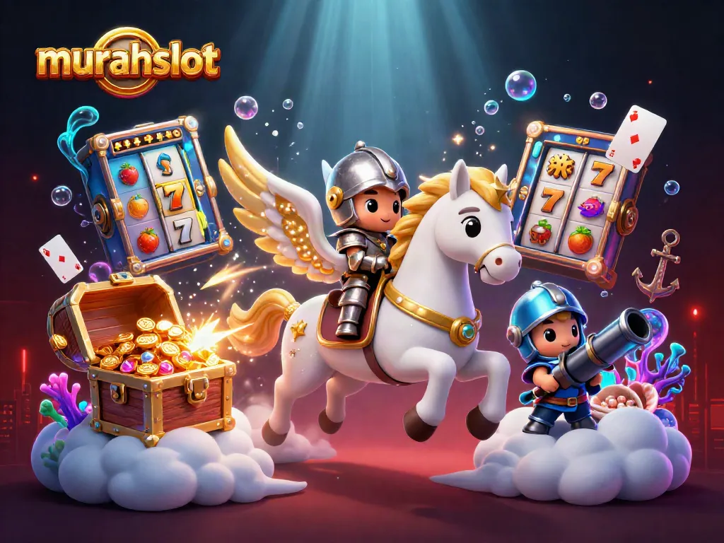 Play exciting slots with murahslot surrounded by vibrant treasures and lively elements.