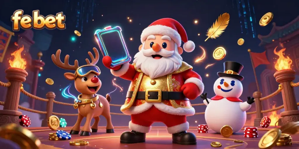 Engage with fe bet's exciting atmosphere showcasing a lively casino scene with Santa, a reindeer dealer, and a poker chip snowman.