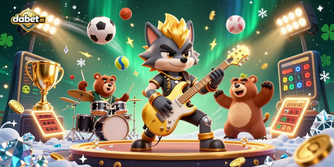 Experience thrilling action with dabet2026 featuring a rock star wolf and drummer bear on a casino stage amidst flying sports balls.