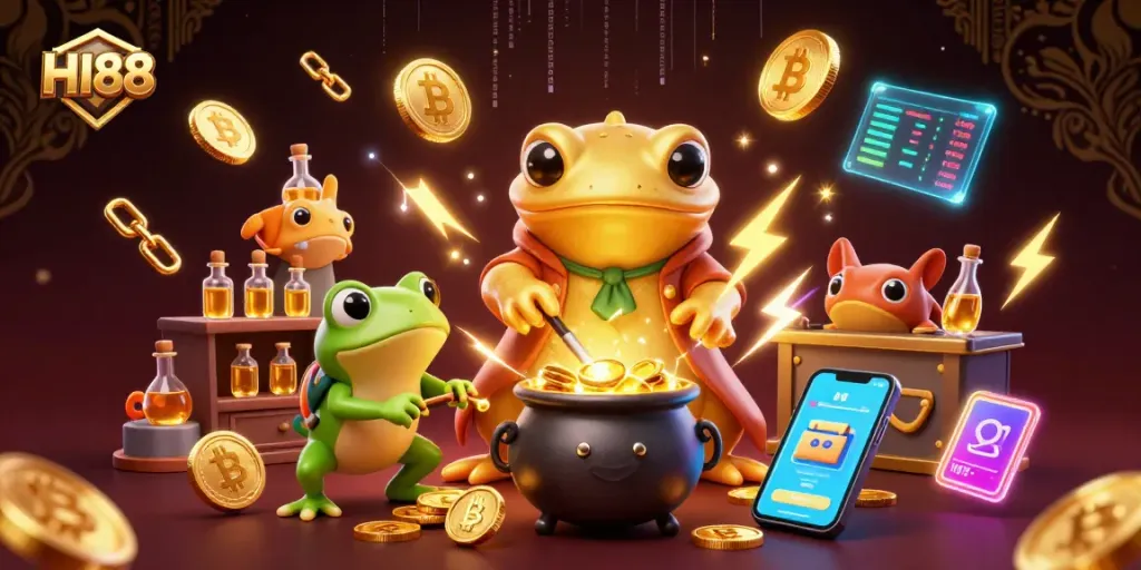 Experience HI88’s casino magic with a golden salamander alchemist in a vibrant, dynamic scene.