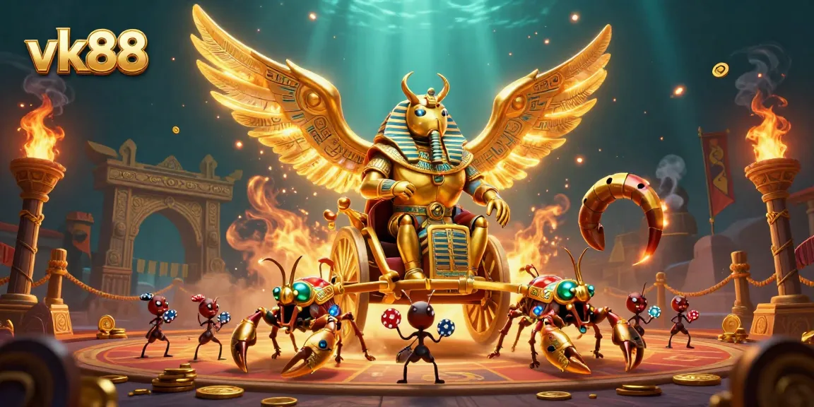 Engage with vk88's vibrant gaming atmosphere featuring a golden scarab beetle and chariot in dynamic casino action.