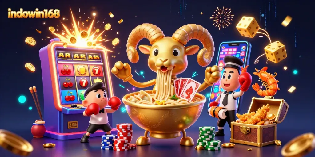 Experience excitement with indowin168 as a giant golden ramen bowl deals casino cards and stacks chips!