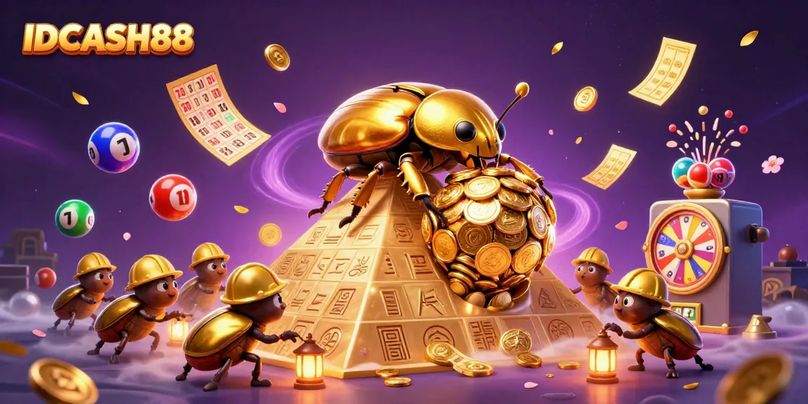 Experience thrilling gameplay with IDCASH88 as vibrant lottery elements and golden coins create a dynamic gaming scene.