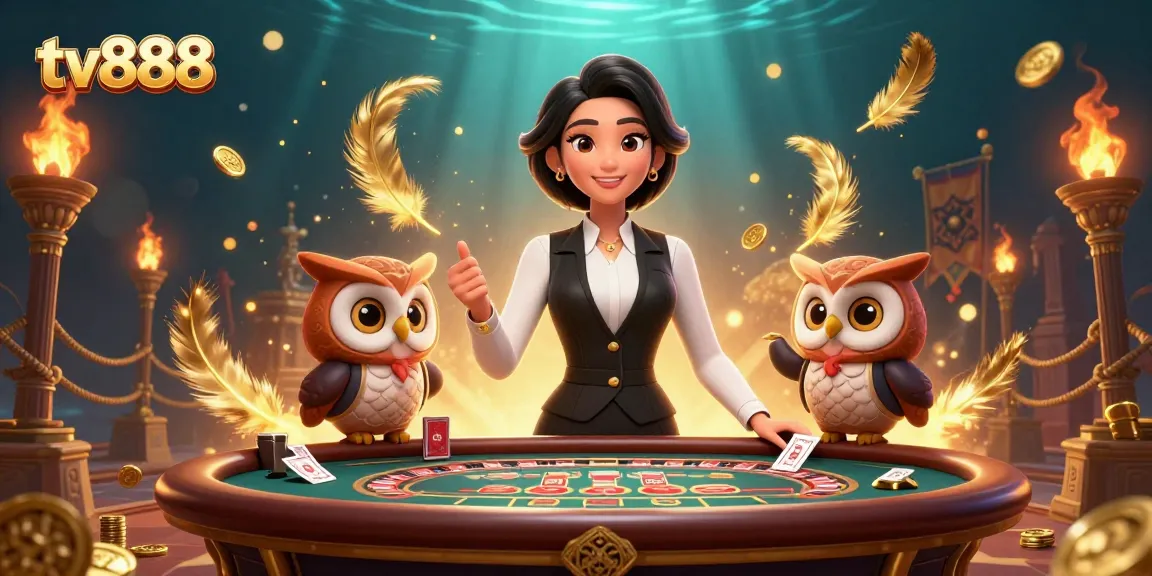 Win big at tv888 with an elegant dealer and exciting game elements in a dynamic casino scene.