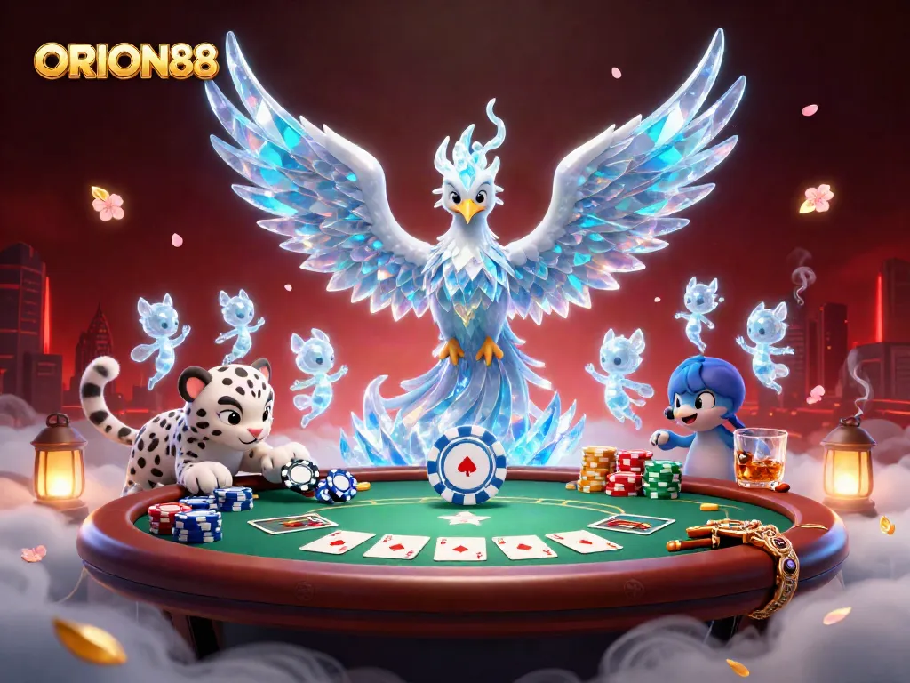 Experience the thrilling ORION88 gaming scene with an ice phoenix and vibrant casino elements.
