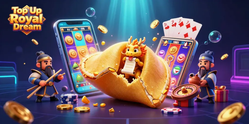 Top Up Royal Dream with a vibrant illustration showcasing a magical fortune cookie and dynamic casino elements.