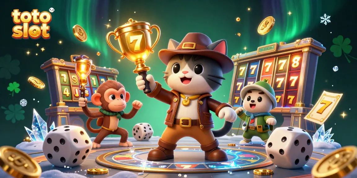 Slot perjudian yang menarik di toto slot dengan ilustrasi karakter petualang dan artefak kasino.