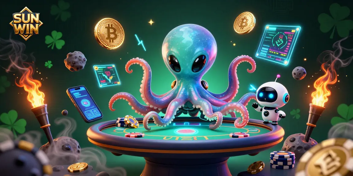 Experience the excitement of SUN WIN with a playful alien octopus at a cosmic poker table.