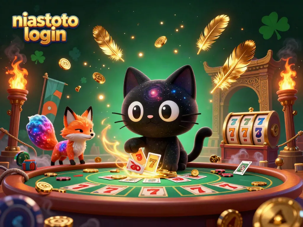 Animasi slot bertema niastoto login dengan kucing galaksi dan rubah nebulosa menggoda chip emas