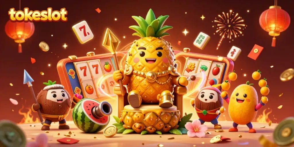 Tokeslot offers thrilling gaming experiences featuring a golden pineapple king and vibrant slot elements.
