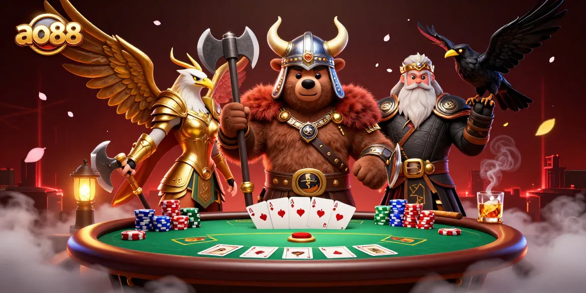 Experience exciting poker action at ao88 with Viking and Valkyrie characters amidst vibrant gaming elements.
