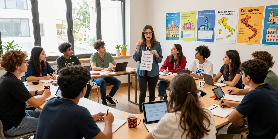 Diverse students engaged in learning Italian through storytelling and cultural exchange, illustrating the concept of toto togel.