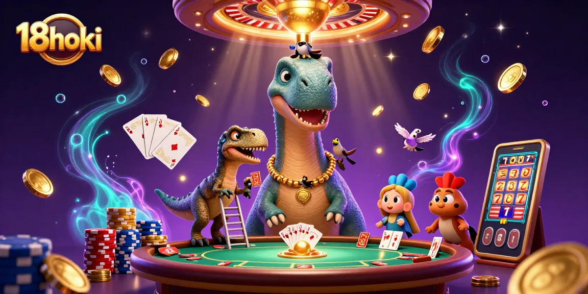 18hoki players winning big with cascading coins and cards in a vibrant casino scene