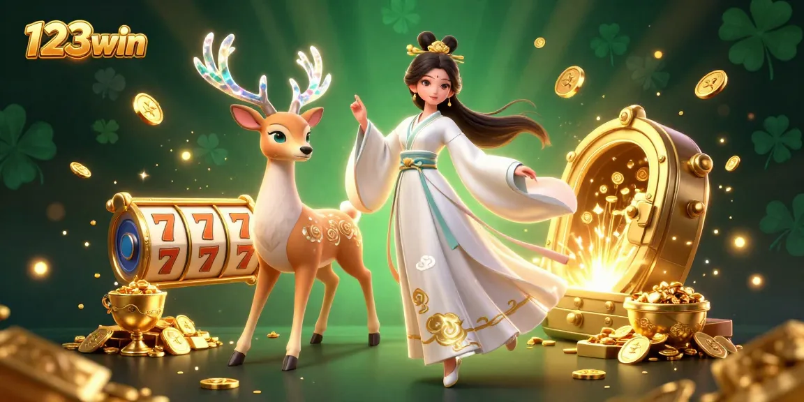 Engage in exciting gaming experiences with 123win, including vibrant slot reels and treasures.