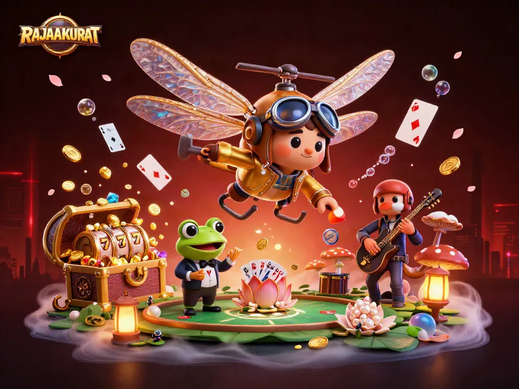Engage in thrilling slots action with RAJAAKURAT featuring vibrant characters and dynamic casino elements.