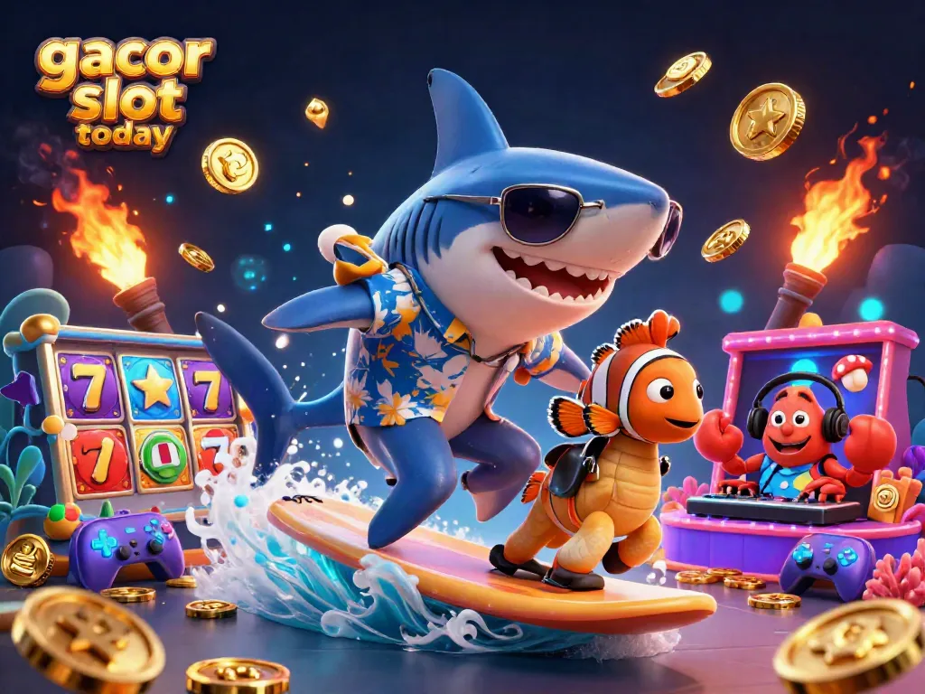 Experience the thrill with gacor slot today as the shark surfs icons of luck in this vibrant casino scene.
