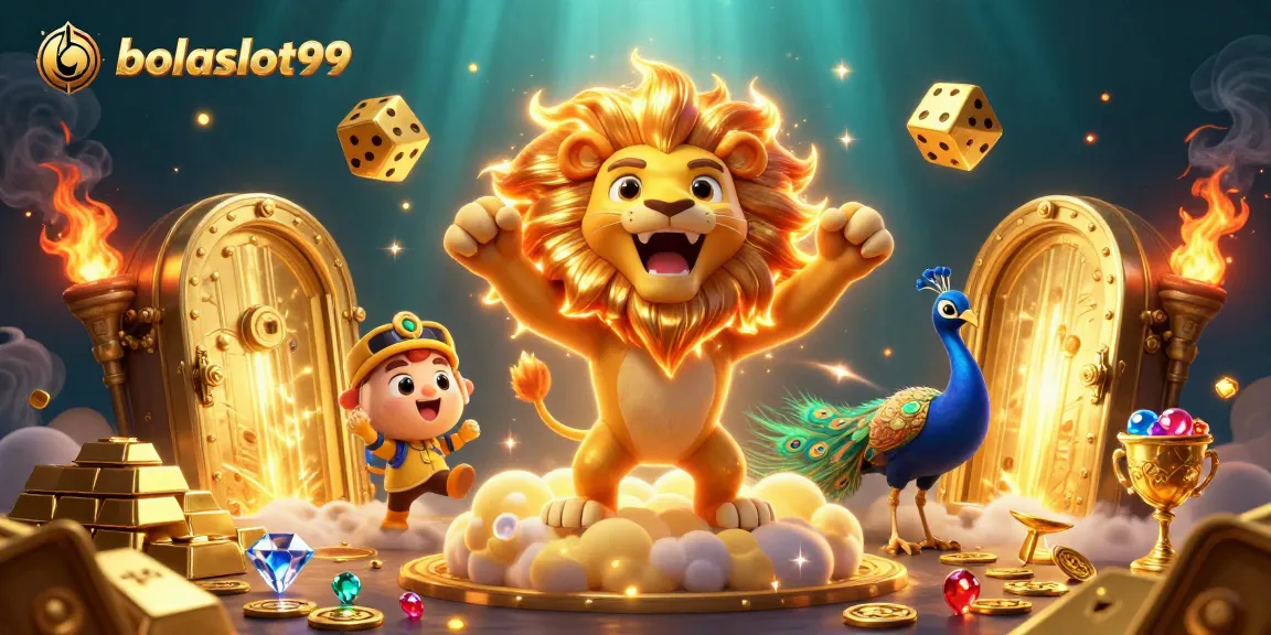 Bolaslot99 showcases a vibrant 3D casino scene with golden treasures and playful characters.