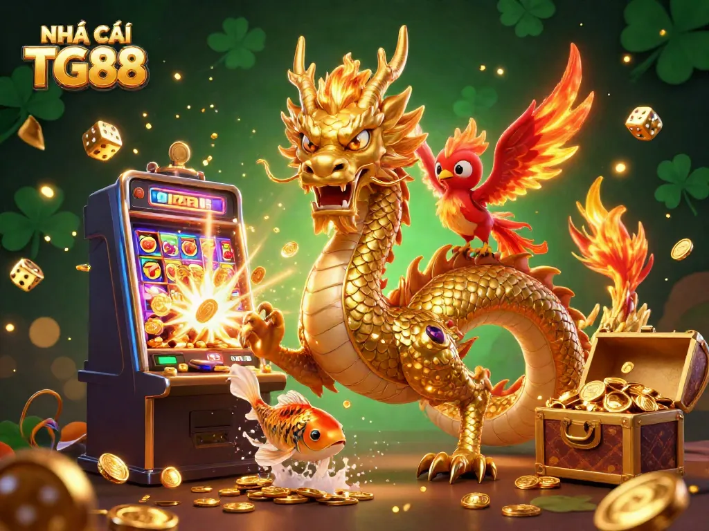 Experience the thrill of NHÀ CÁI TG88 with vibrant 3D casino characters amidst dynamic slot game elements.