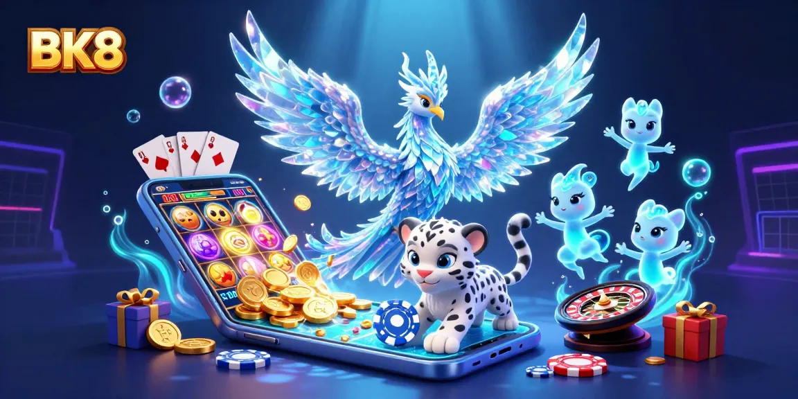BK8 attracts players with colorful slots and lively characters in an enchanting casino scene.