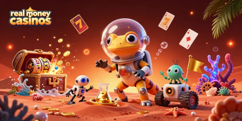 Experience fun in real money casinos with a Martian gecko and golden treasures in a vibrant scene.
