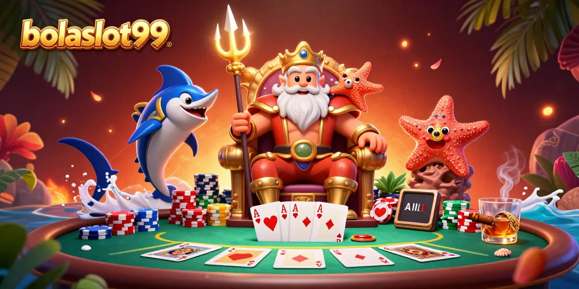 Join the exciting world of bolaslot99 with Neptune and friends at a vibrant poker-themed scene.