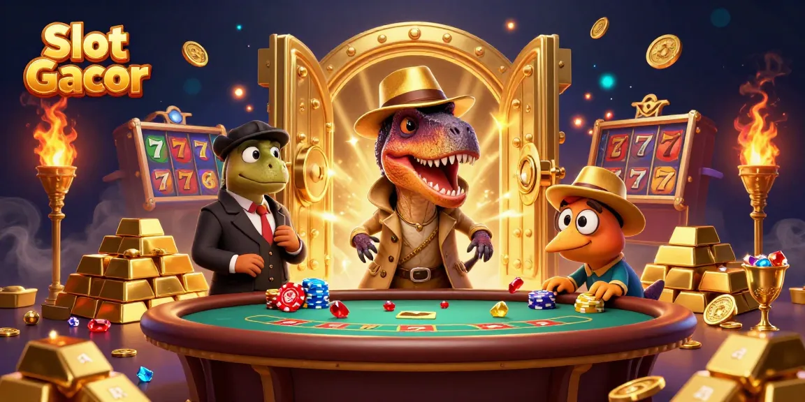 Engage with Slot Gacor as a velociraptor card counter outsmarting a pit boss at a vibrant casino scene.