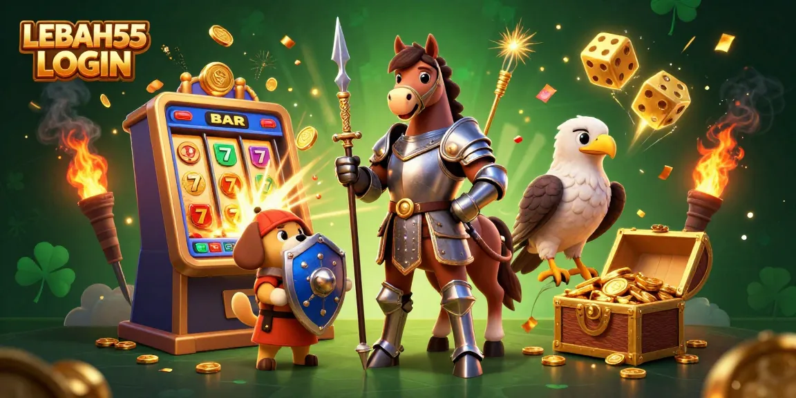 Engage with LEBAH55 LOGIN at a vibrant online gaming scene featuring dynamic slot machines and rich casino elements.