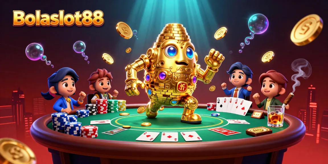 Bolaslot88 brings thrilling casino excitement with a golden golem and poker elements.