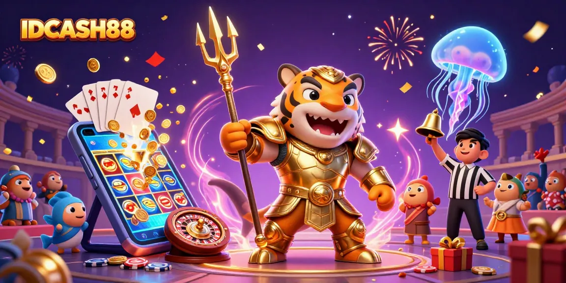 Spin your way to winnings with IDCASH88's vibrant casino-themed 3D artwork featuring thrilling games.