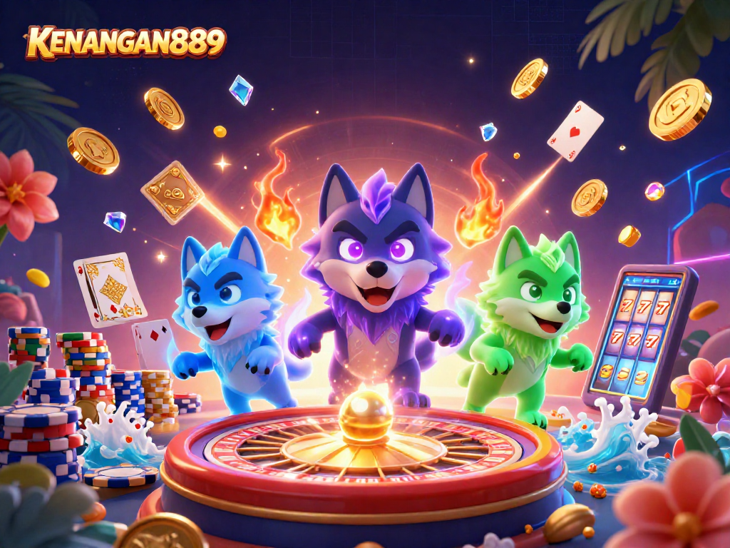 Play slots at KENANGAN889 with unique 3D shadow wolves surrounded by casino elements.