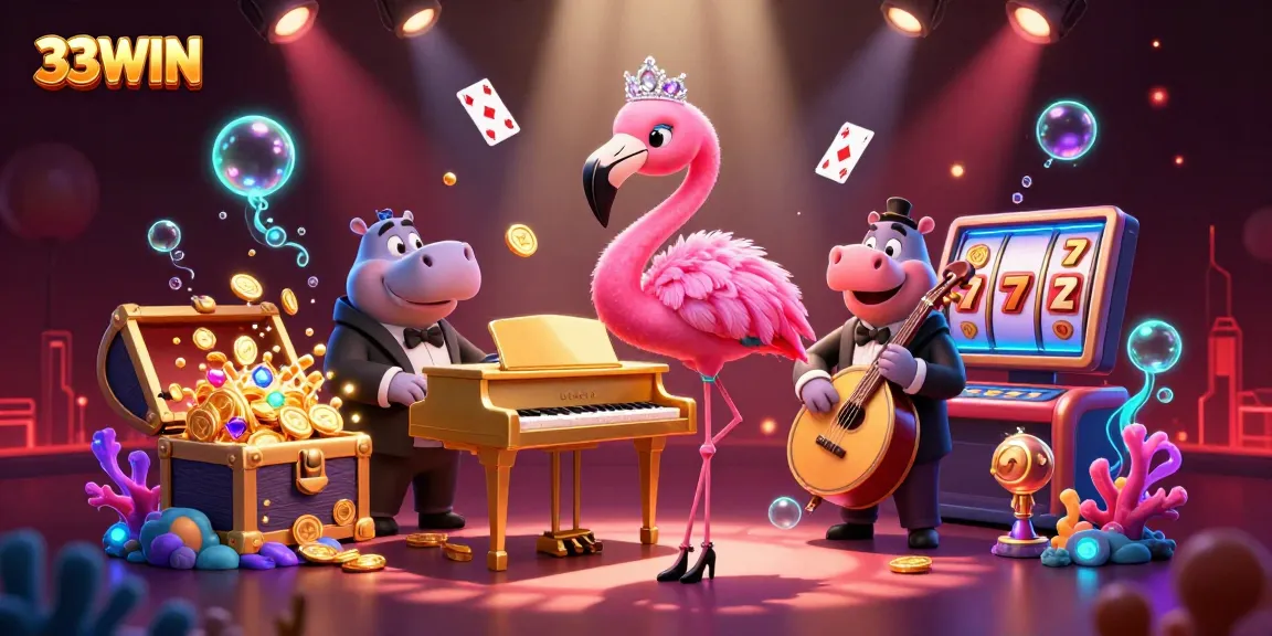 Experience the vibrant atmosphere of 33WIN casino with lively characters, gold coins, and dynamic gaming elements.