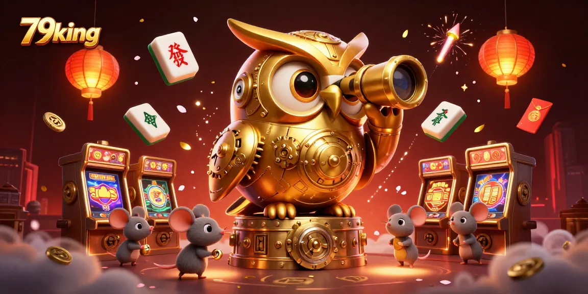 Engage in thrilling gaming at 79king's lively casino floor, featuring a vibrant golden owl and animated mice.