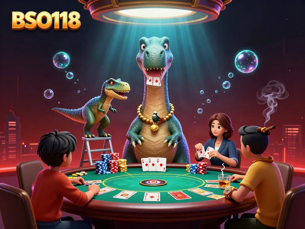 Engage with BSO118's thrilling casino atmosphere featuring dynamic characters and colorful poker elements.