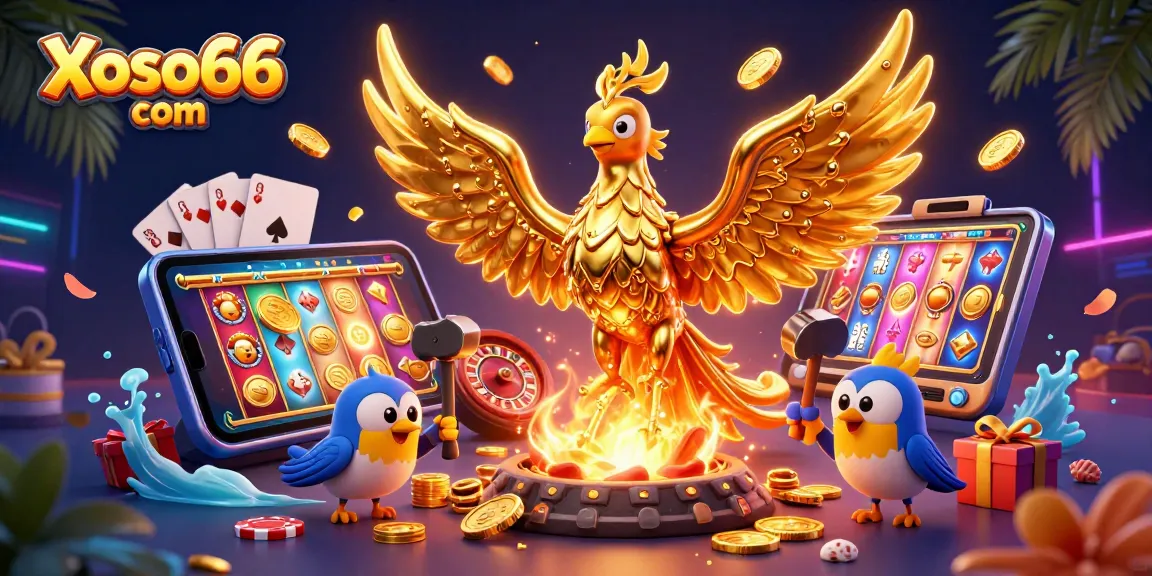 Experience thrilling gaming action at Xoso66 com with a captivating golden phoenix surrounded by dynamic gambling elements.