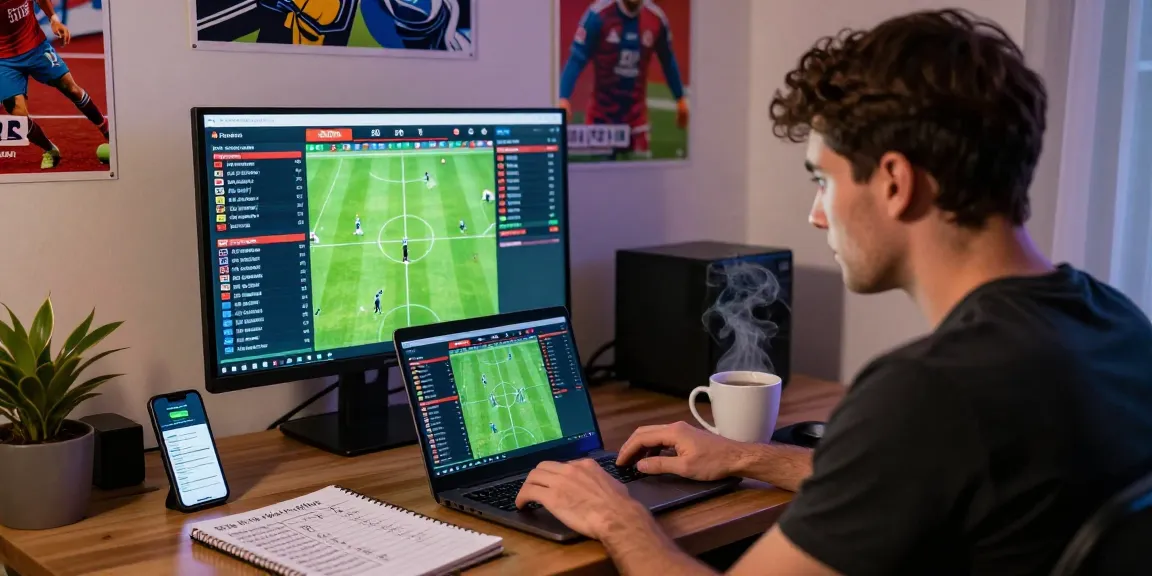 Soi kèo nhà cái with a dedicated bettor analyzing real-time soccer odds in a cozy office.