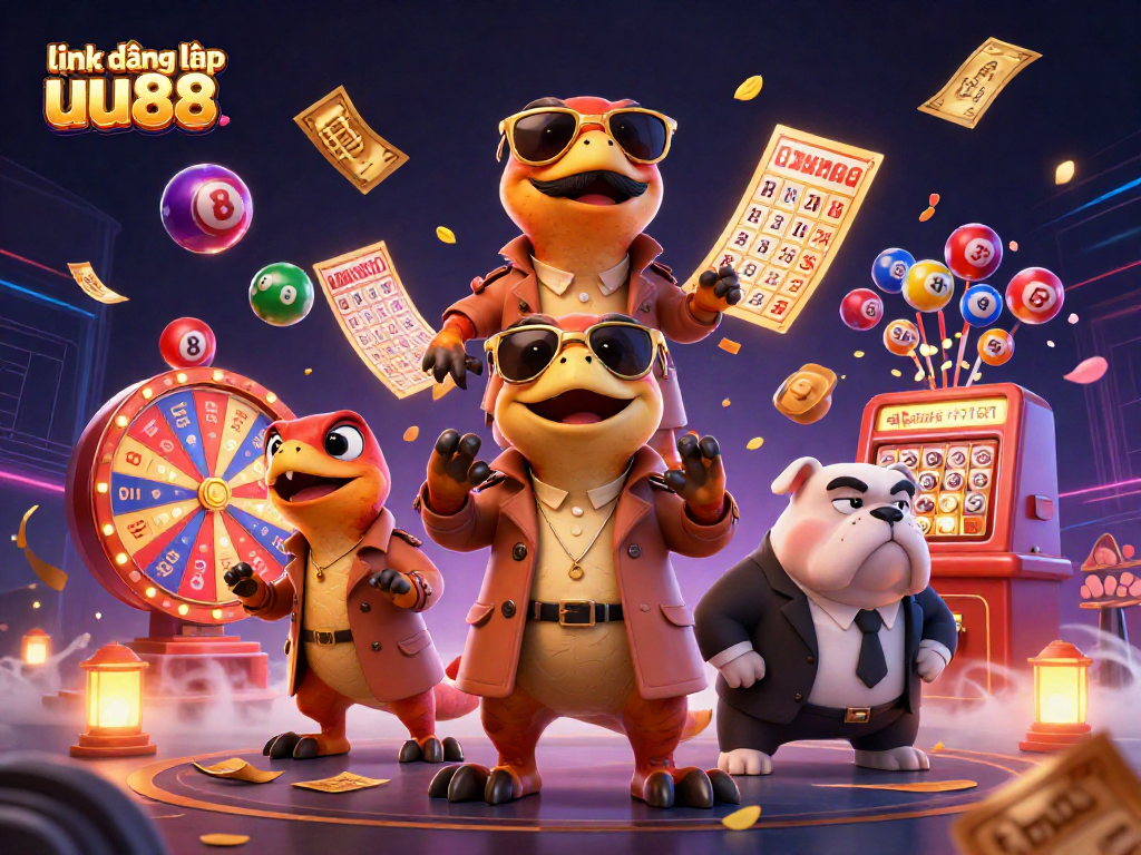Spin and win with link đăng nhập uu88 - exciting lottery elements in a vibrant casino illustration.