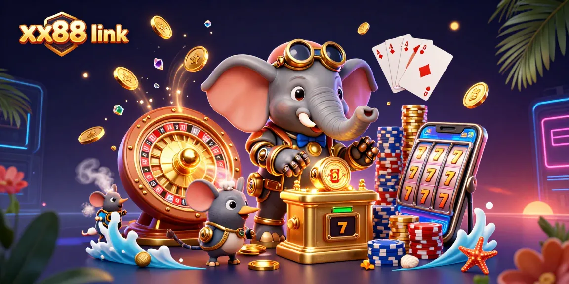 Play exciting games with the xx88 link, featuring dynamic visuals of casino elements.