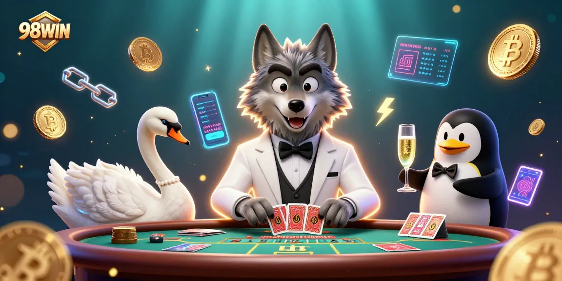 Experience 98WIN's thrilling baccarat scene with a charming wolf, elegant swan, and sophisticated penguin.